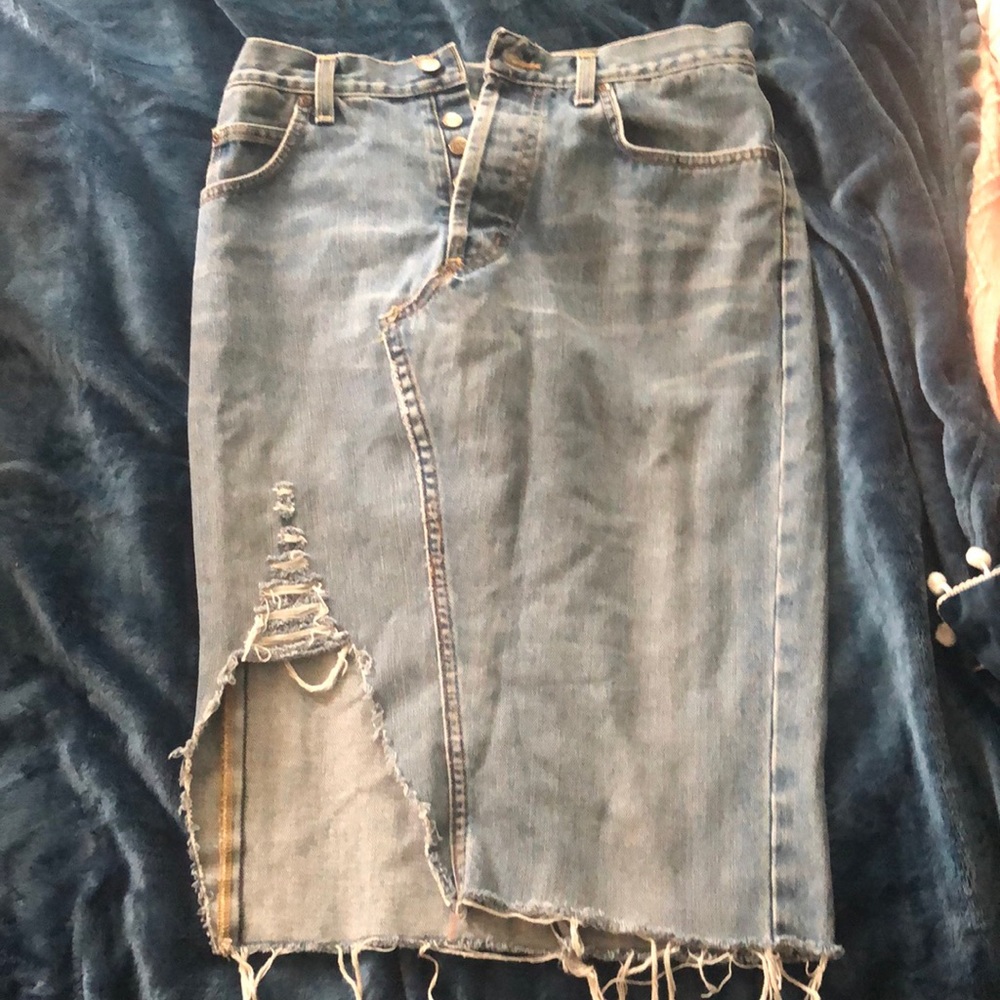 Distressed denim pencil skirt